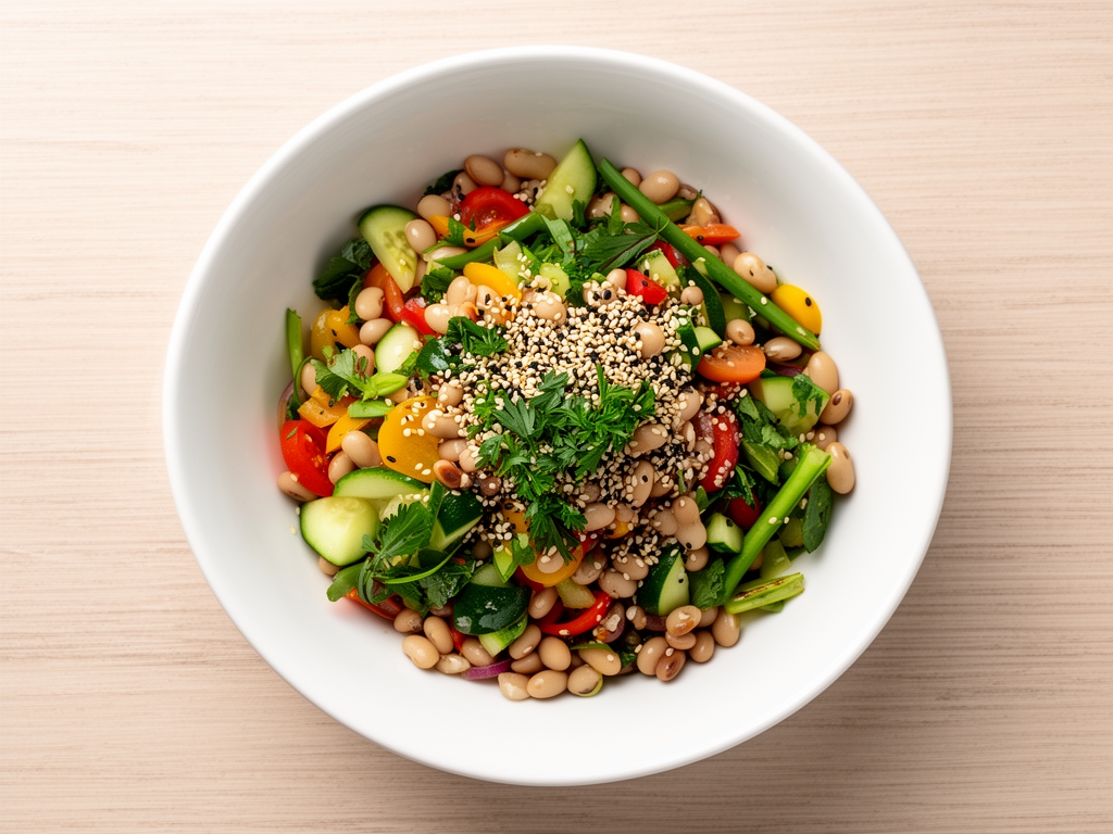 Bol en céramique blanche contenant une salade colorée composée de légumes frais variés, légumineuses, graines de sésame et herbes aromatiques, photographiée de dessus sur fond de bois naturel clair, éclairage naturel diffus créant une atmosphère sereine et appétissante