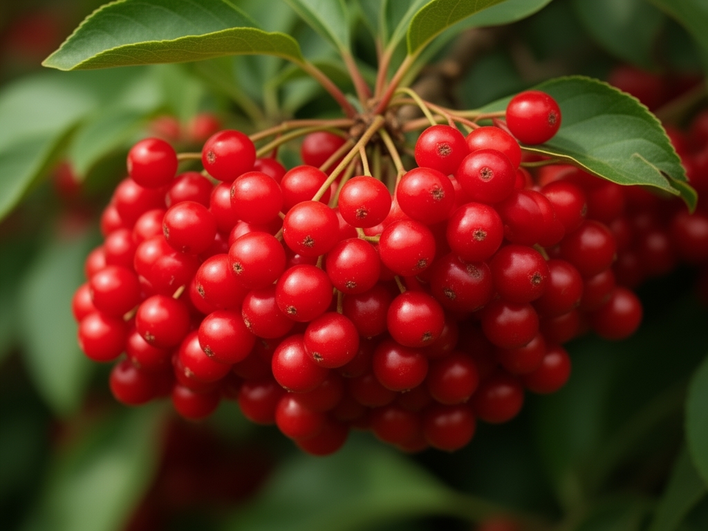 Baies rouges d'épine-vinette et petites huiles essentielles en flacons ambrés sur fond de tissu en lin naturel, lumière diffuse en studio créant une atmosphère chaleureuse et douce, textures organiques contrastant avec le verre transparent des flacons