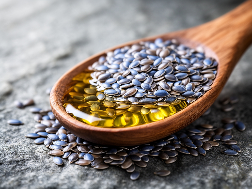 Graines de lin bleutées et huile de lin dorée dans une cuillère en bois rustique sur fond de pierre naturelle grise, macro-photographie avec bokeh profond, lumière latérale accentuant les reflets nacrés des graines et la viscosité dorée de l'huile