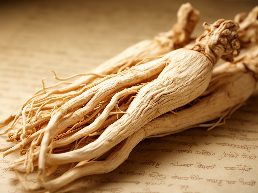 Macro-photographie de racines de ginseng panax séchées couleur beige-crème avec surface ridée et texture fibreuse caractéristique, disposées en faisceau sur fond de parchemin ancien légèrement jaunâtre, éclairage directionnel doux mettant en relief chaque détail de la surface